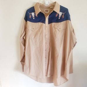 Ely Cattleman Pearl Snap Shirt Men's XXL Cow Skull Long Sleeve Beige Blue
